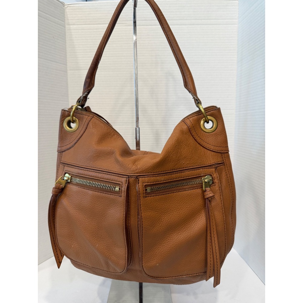Fossil Karli Large Cognac Brown Pebbled Leather Hobo Shoulder Bag